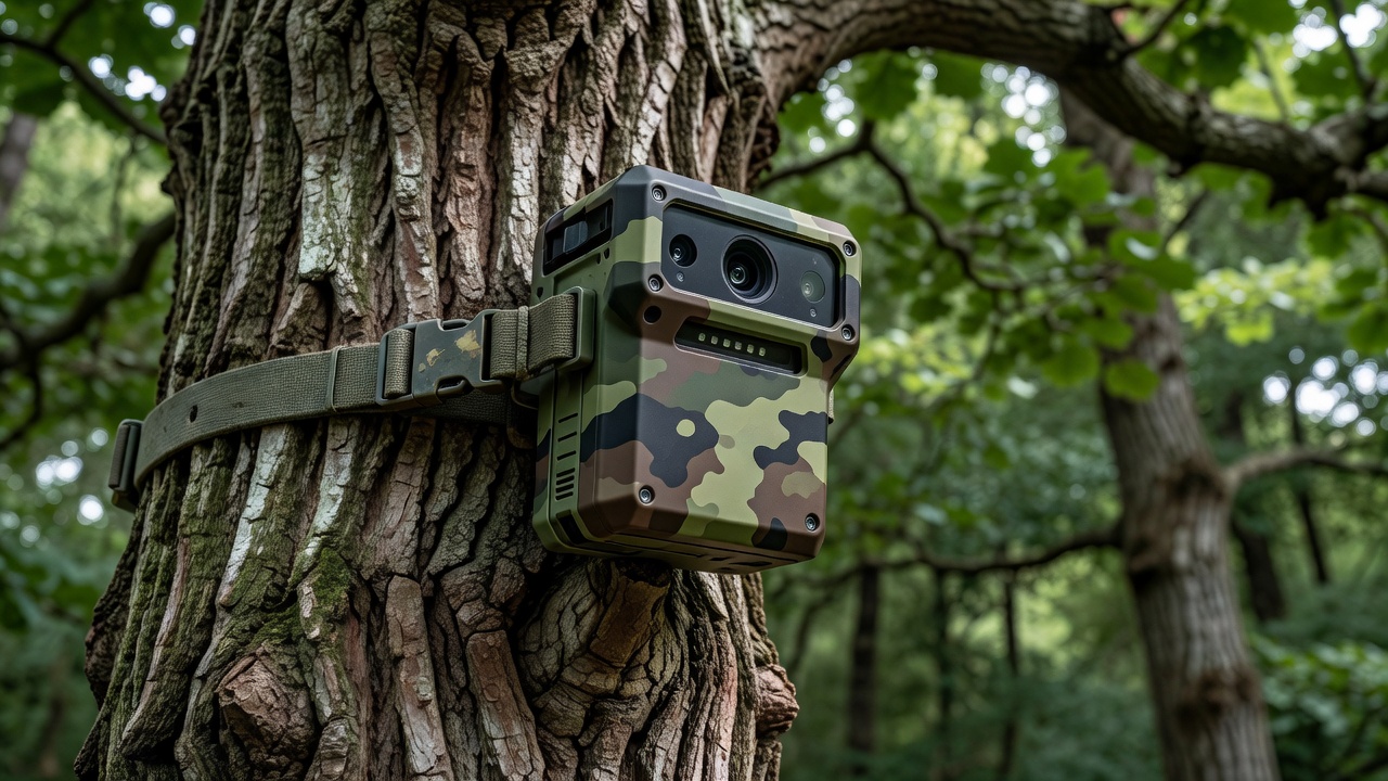 Close view of a camera trap secured to a tree with an adjustable strap