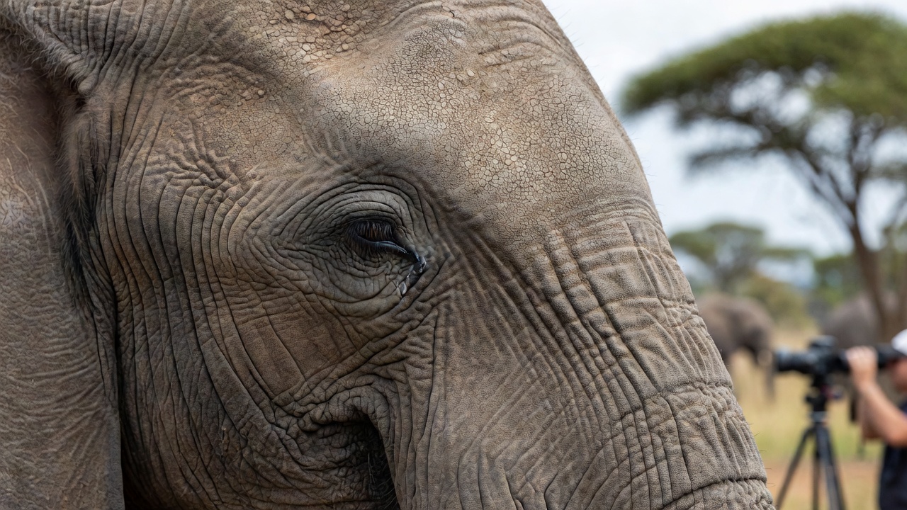 An elephant's eye and surrounding wrinkled skin in close view